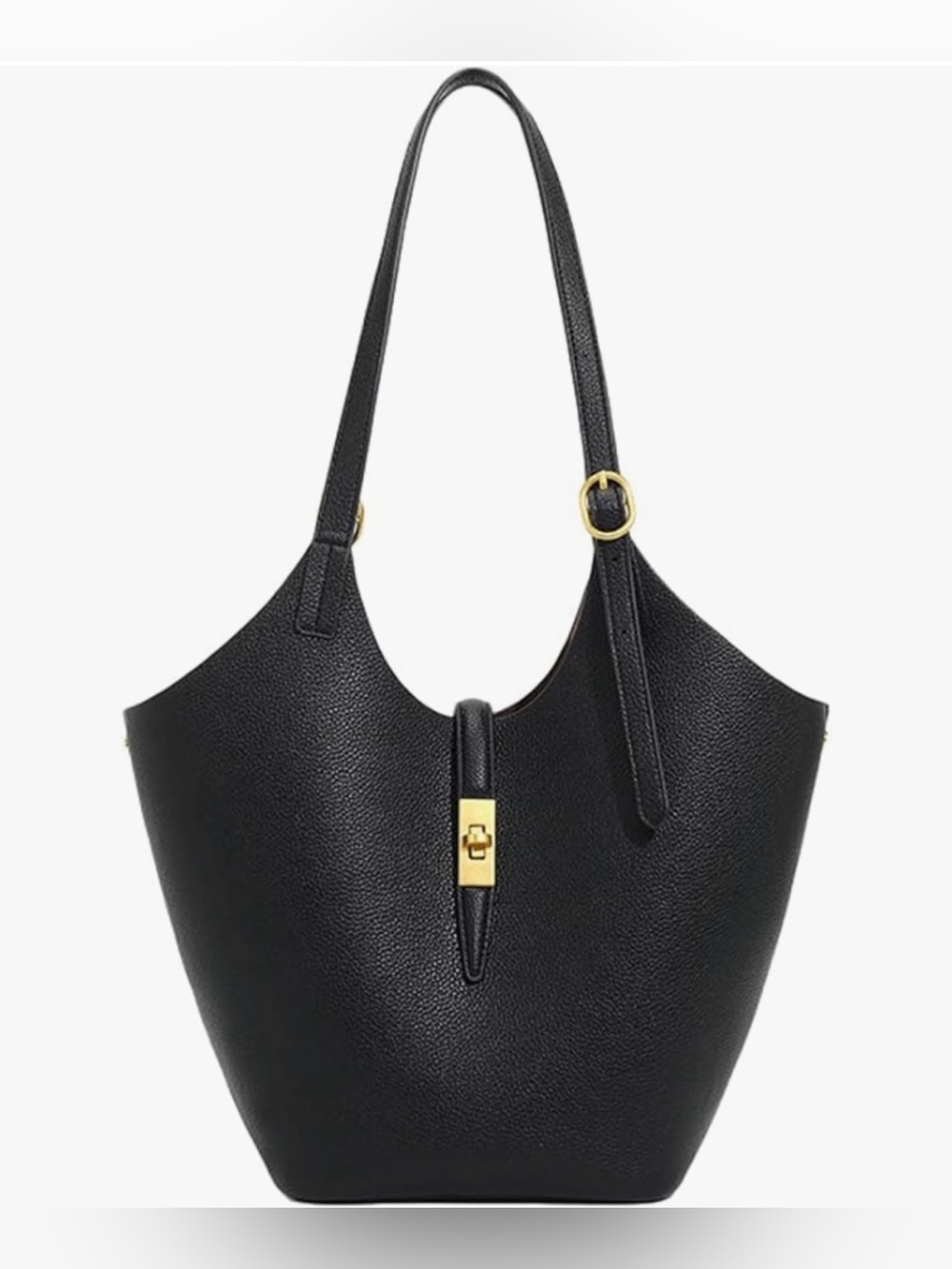 Rungion Black PU Leather Hobo Bucket Bag Gold Hardware - Picture 2 of 4